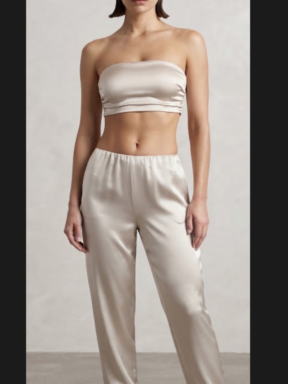 Tic Toc Light Champagne colored Satin Jogger Pants with bandeau top set